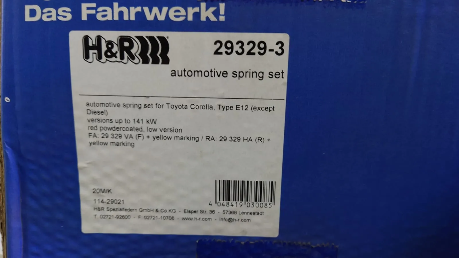 H&R 29329-3 Пружины с занижением Toyota Corolla E12