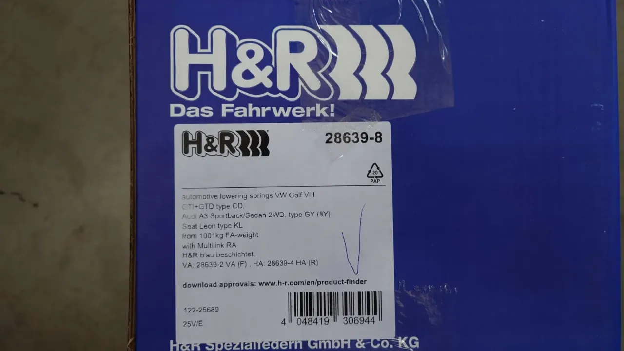 H&R 28639-8 Пружины с занижением для VW Golf 8 GTI / AUDI A3 8Y