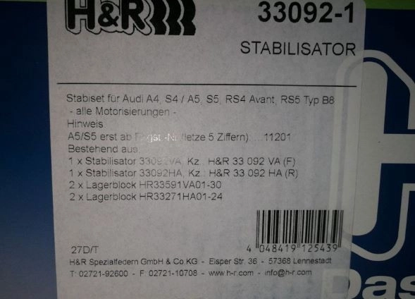 H&R Anti-Roll-Bars 33092-1 Стабилизаторы поперечной устойчивости для Audi A4/RS4, A5/RS5 B8 — фото 2 из 3