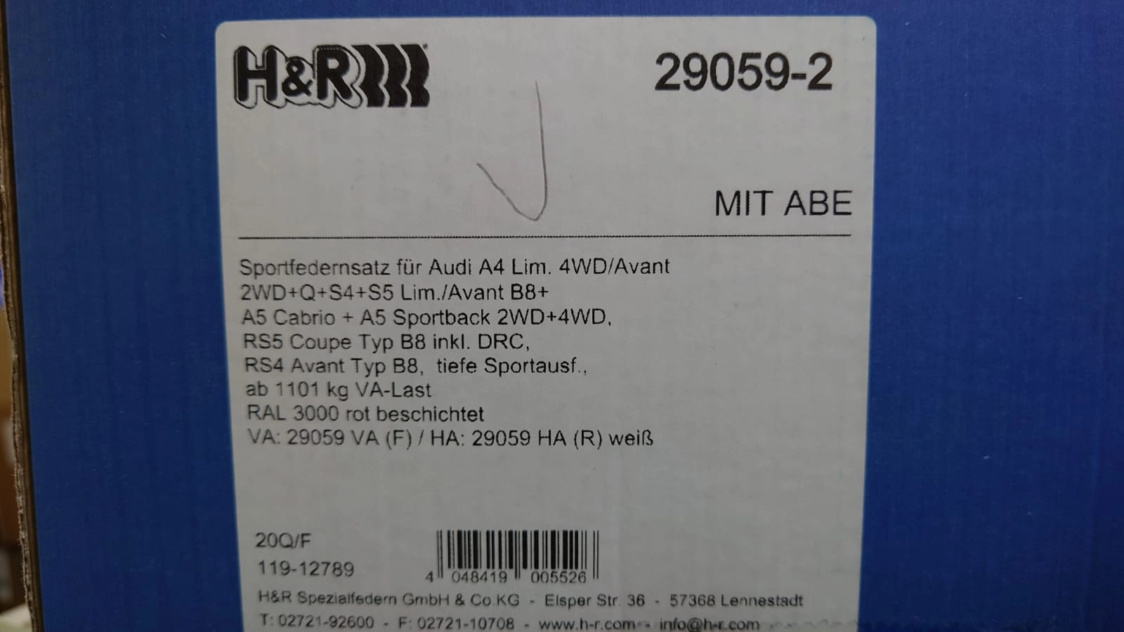 H&R 29059-2 Пружины с занижением Audi A4, A5, S4, S5, RS4, RS5 (B8) — фото 1 из 5