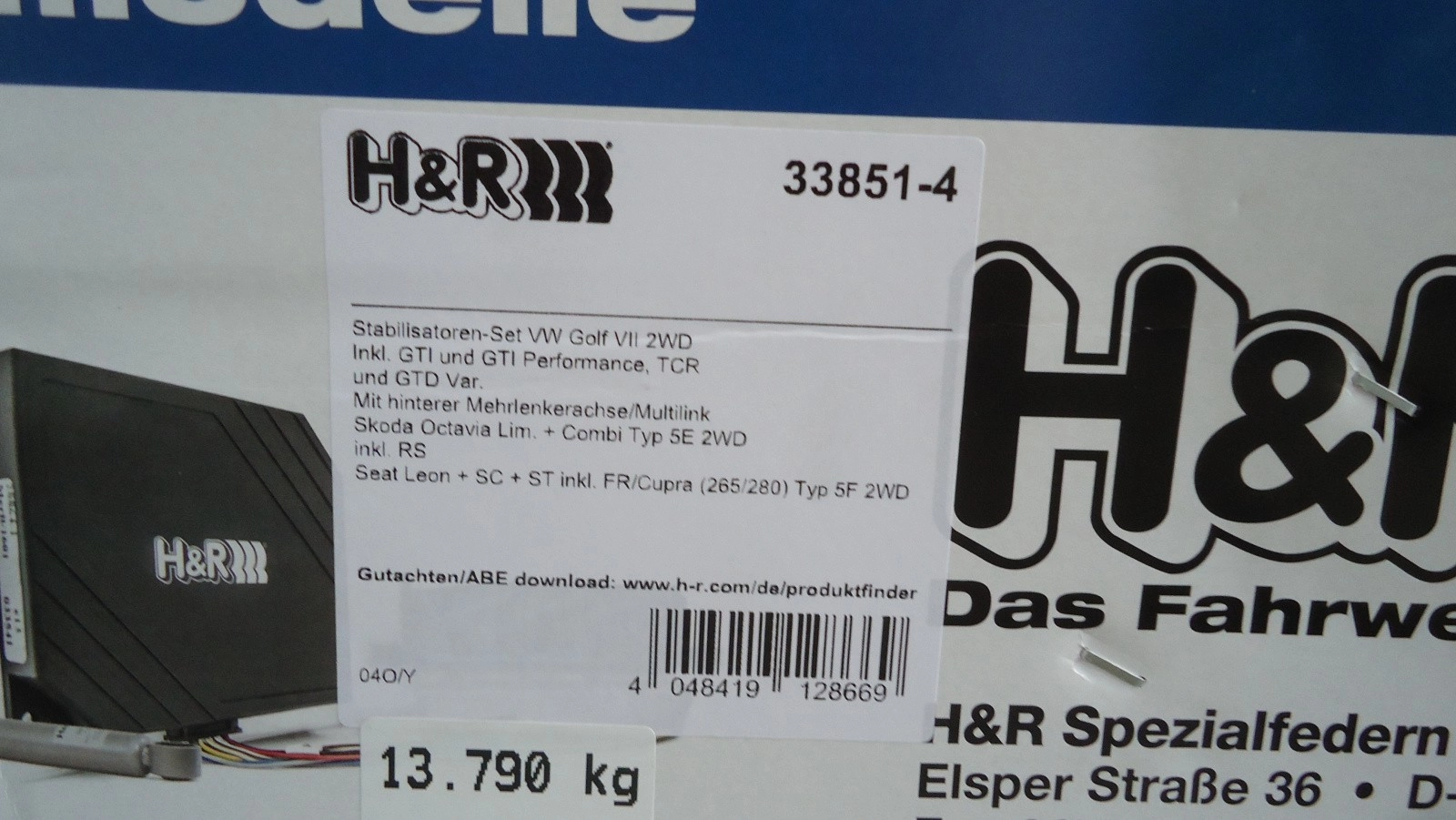 H&R Anti-Roll-Bars 33851-4 Стабилизаторы поперечной устойчивости для Skoda Octavia A7, VW Golf 7 — фото 2 из 4