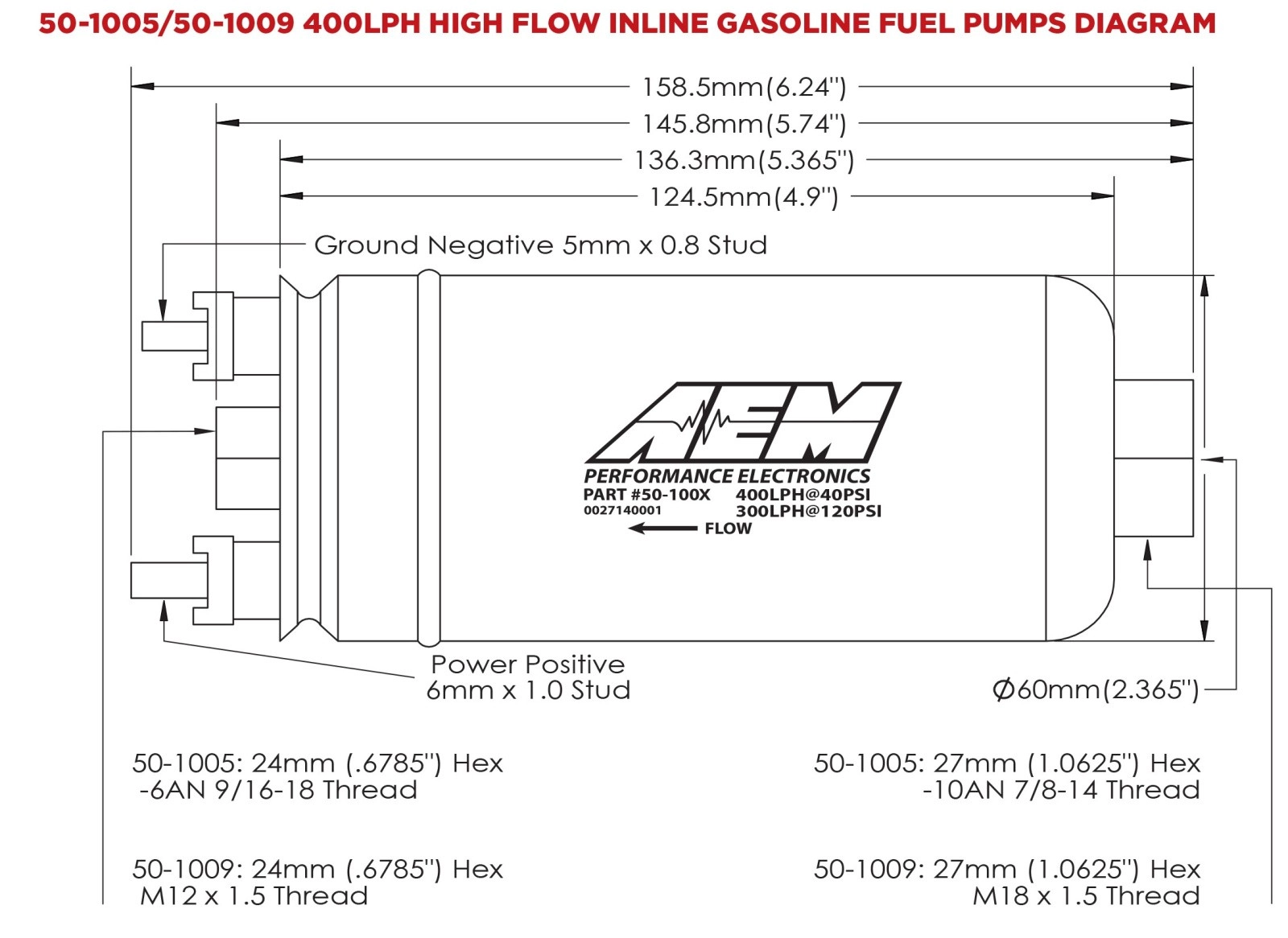 AEM 50-1009 Насос топливный выносной (400 л/ч) M12x1.5 выход - M18X1.5 вход — фото 6 из 6